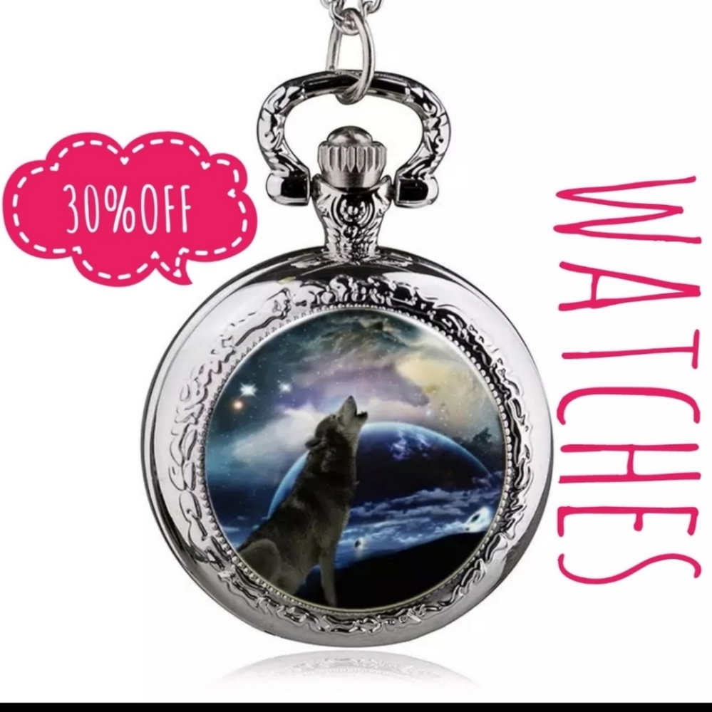 NWOT Kid's Quartz Wolf Pocket Watch Chain